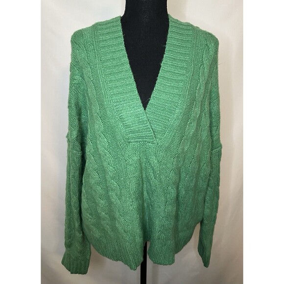 AMERICAN EAGLE Green V-Neck Cable Knit Soft Crop Hoodie Sweater LARGE NWT - Picture 1 of 9
